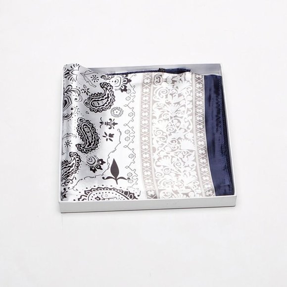 NEW Blue Ivory Paisley Floral Printed Square Silky Scarf Wrap - Picture 2 of 11